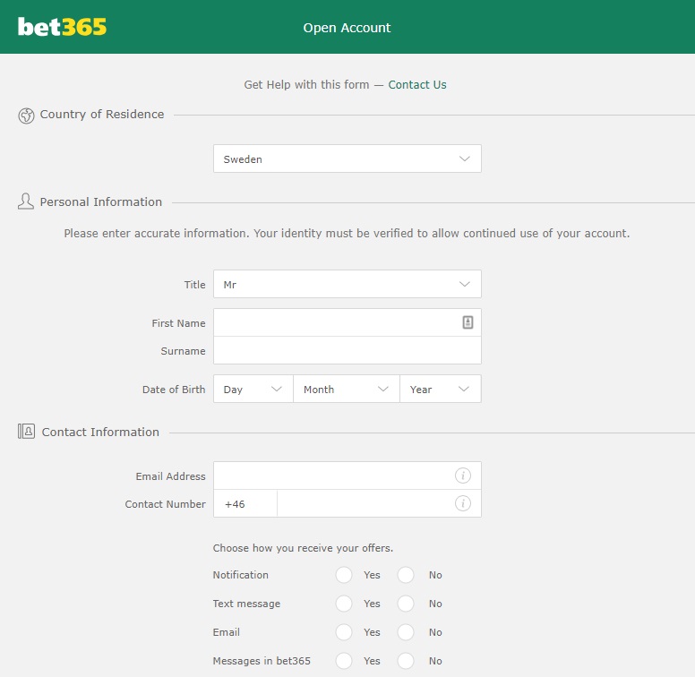 Bet 365 Registration form
