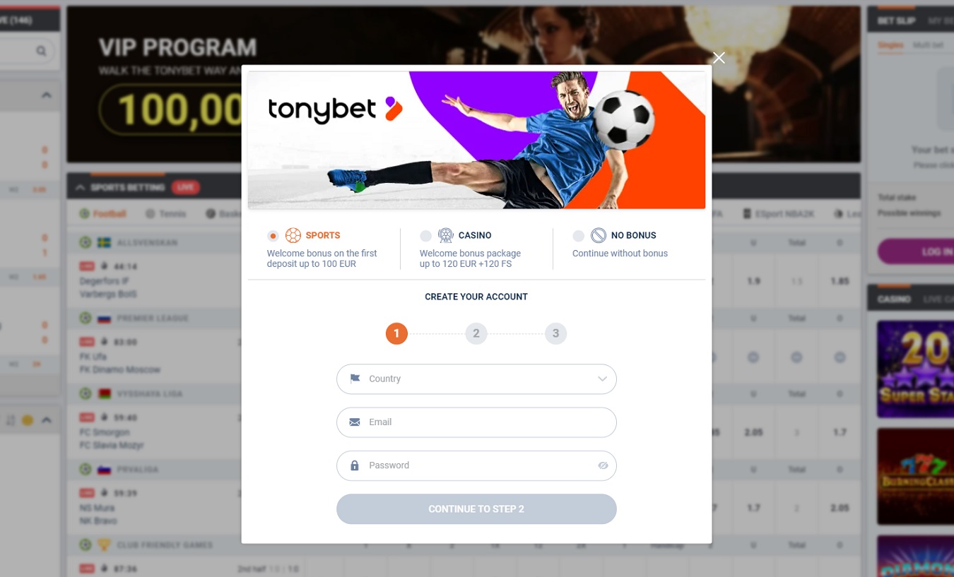 Tonybet registration